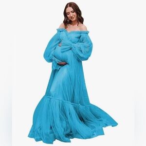 Elegant Blue Off or On Shoulder Maternity Dress